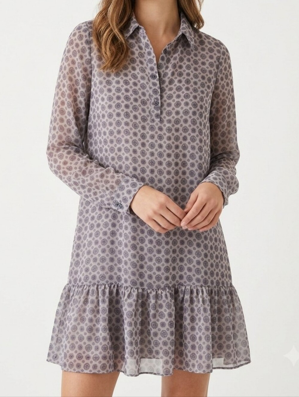 Frank And Oak Printed Shirt Dress Size S Grey Mauve Boho Chic Ruffle Hem Boho